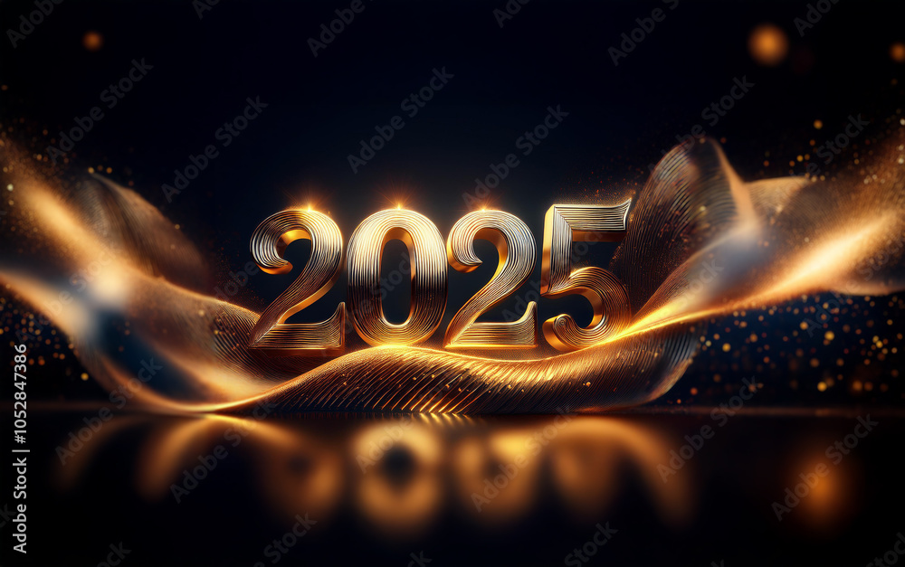 Poster Golden 2025 in bold font is illuminated with warm light and surrounded by glowing streaks of light against a dark background.
