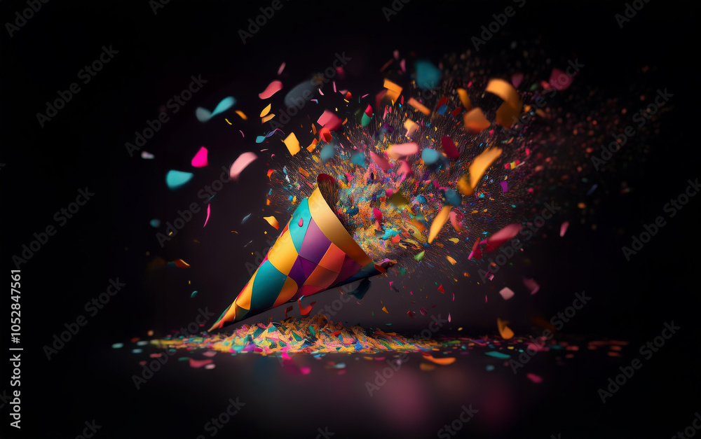 Poster a colorful party hat explodes with confetti against a black background.