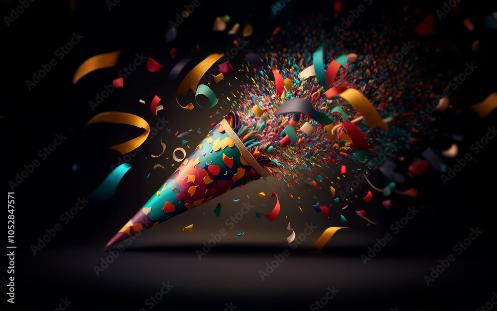 Poster a party popper explodes, releasing colorful confetti and streamers against a dark background.