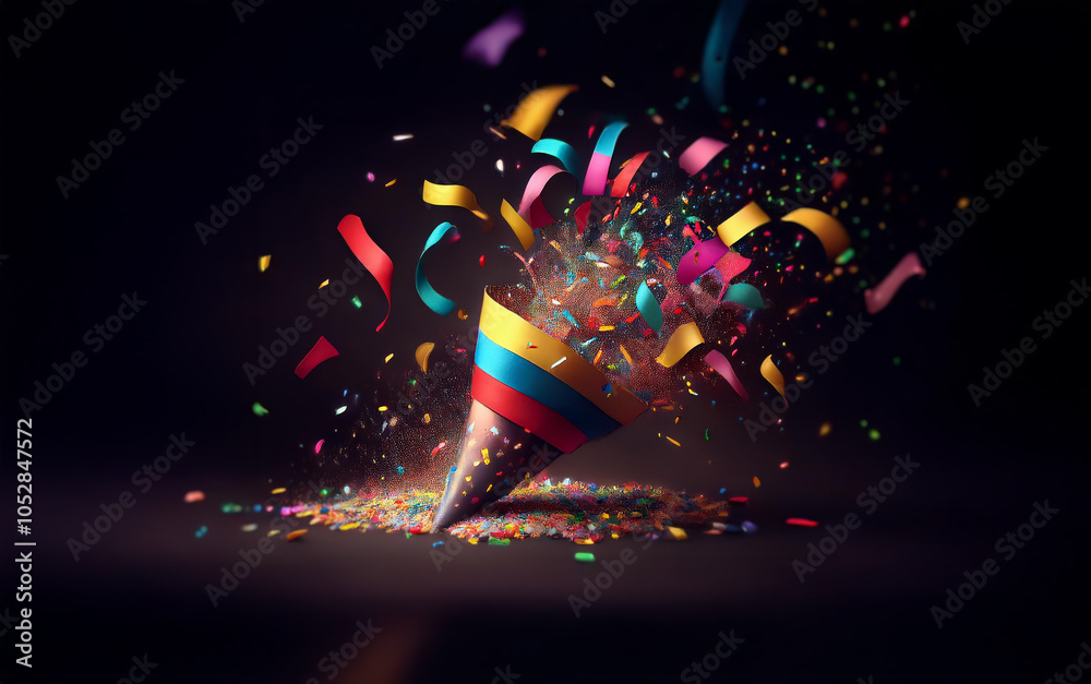 Aufkleber a colorful party popper explodes with confetti and ribbons against a dark background.