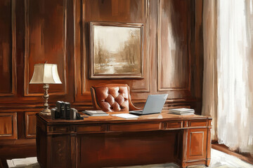 Luxurious Home Office for Remote Work with Laptop on Elegant Desk in Oil Paint