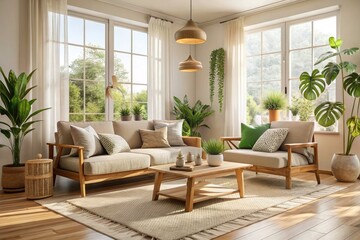 Fototapeta premium Scandinavian Style Living Room with Natural Furniture in a Cozy Home Interior Setting - Minimalist, Warm, and Inviting Aesthetic for Modern Living Spaces