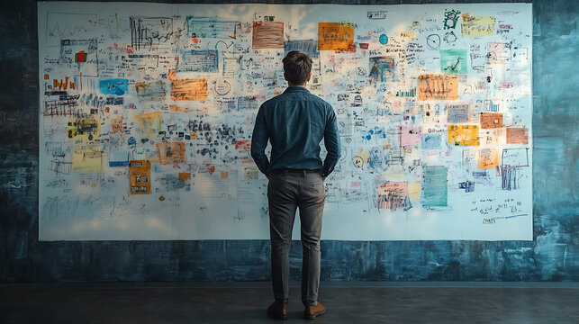 A man stands in front of a large white board covered in colorful notes