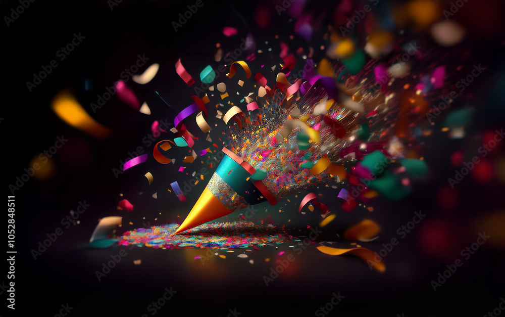 Aufkleber A party popper explodes with colorful confetti on a black background.