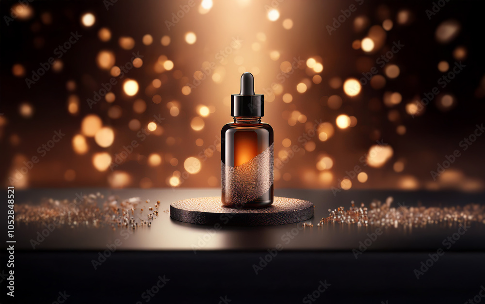Poster a glass bottle with a dropper sits on a black platform, illuminated by a spotlight, surrounded by bo