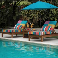 Fototapeta premium Luxury resort teak sun loungers featuring vibrant patchwork cushions, refreshing cocktails, and a blue umbrella next to the tropical swimming pool.
