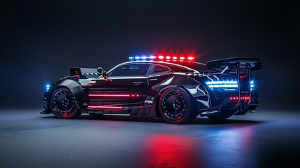 Fototapeta premium Futuristic Black Police Car with Flashing Lights