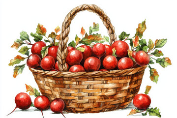 A vibrant illustration of a wicker basket filled with red apples and adorned with green leaves, evoking a harvest scene.
