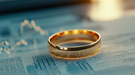 close up of gold ring resting on financial report, symbolizing wealth and investment. soft lighting enhances rings shine, creating sense of luxury and importance