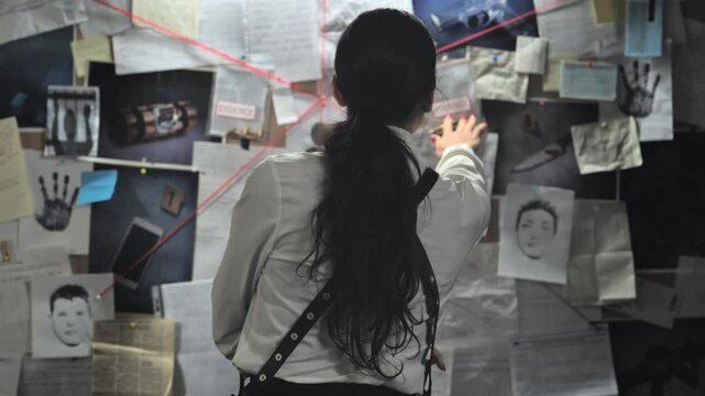 back view of pensive police detective looking at  evidence board in office,caucasian policewoman investigates on criminal case examining crime clues