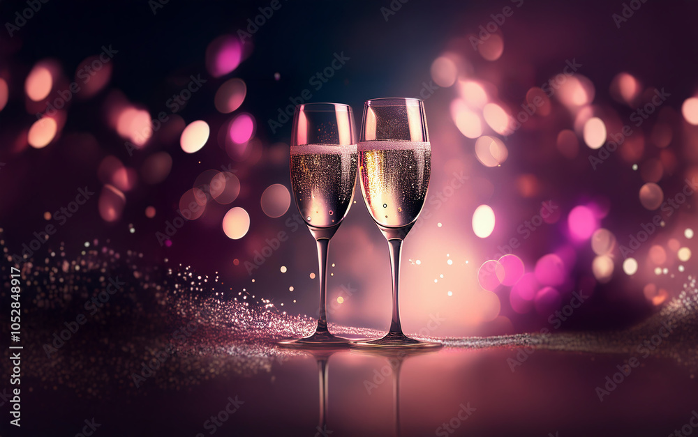 Leinwandbilder two champagne flutes filled with sparkling wine stand on a reflective surface with a bokeh backgroun
