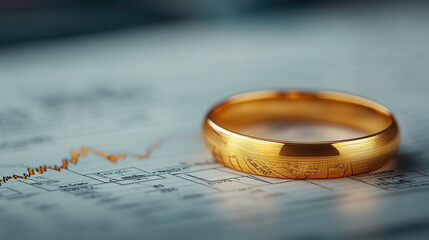 close up of gold ring resting on stock market newspaper, symbolizing investment and commitment. intricate details of ring contrast with financial data, evoking sense of value and stability