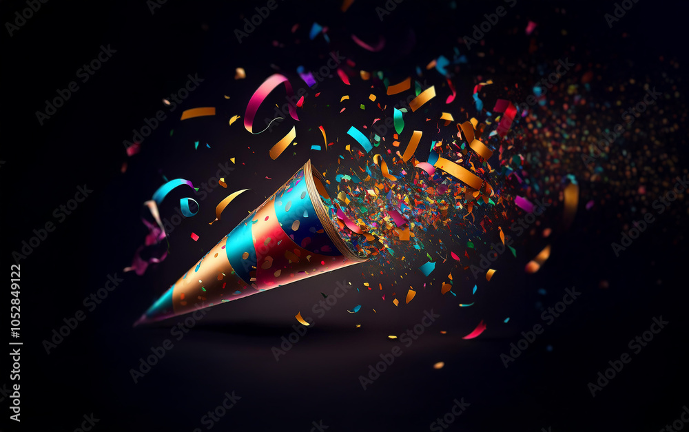 Poster a party popper with confetti and streamers erupting against a dark background.