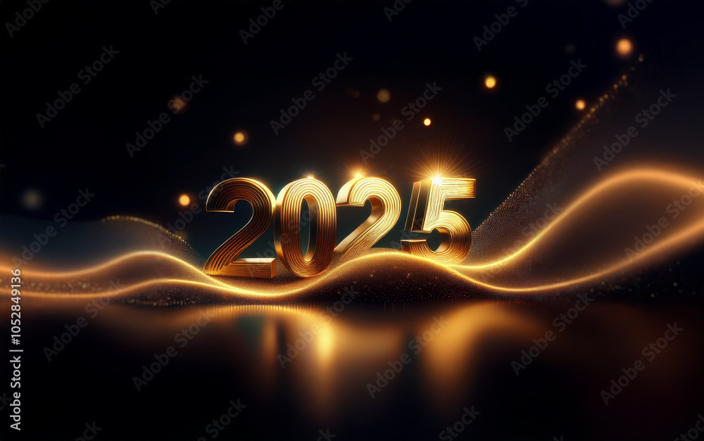 Poster Golden 2025 numerals stand on a dark background with shimmering lights. The numbers are reflected in a smooth, flowing surface.