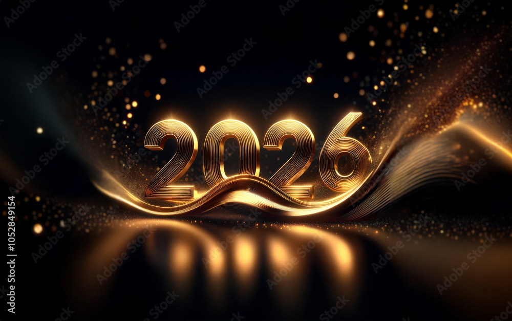 Poster golden 2026 numbers with a wave of light and glitter against a black background.
