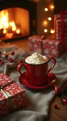 Cozy Winter Gift Wrapping Scene by the Fireplace with Hot Cocoa – Perfect for Christmas, New Year, and Holiday Season Decor