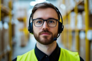 Fototapeta premium Warehouse manager with headset, overseeing operations, realtime communication