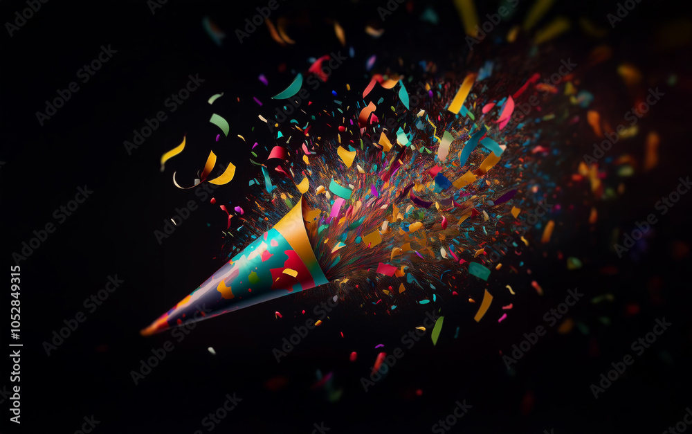 Poster A colorful party popper explodes with confetti against a black background.