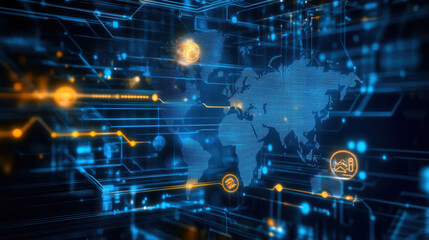 Fototapeta premium digital map showcasing global connections with glowing circuits and icons, representing technology and data flow. vibrant blue and orange colors create futuristic atmosphere