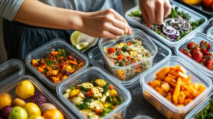 Obraz premium A person packing a plant-based lunch for work, featuring quinoa salad, roasted veggies, and fruit in reusable containers.