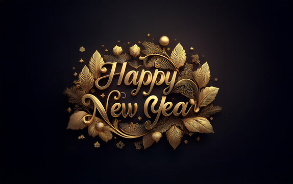 Golden "Happy New Year" text surrounded by leaves and ornaments on a dark background.