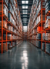 Fototapeta premium An aisle in a large warehouse with rows of stacked cardboard boxes.