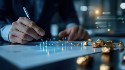 financial analyst is pointing at rising gold price chart, showcasing growth and investment opportunities. scene conveys sense of professionalism and optimism in financial market