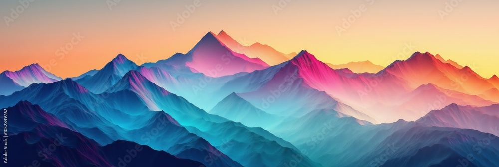 Poster abstract digital art of mountains, rendered in geometric shapes and colors. the background is a grad