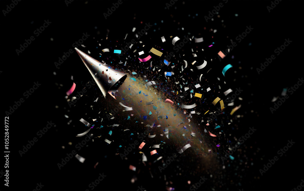 Poster a silver party popper shoots confetti into the dark void.