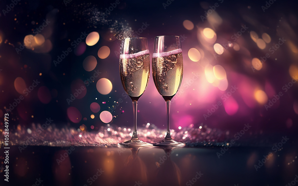 Aufkleber two champagne flutes filled with sparkling wine stand on a reflective surface with a blurry, colorfu
