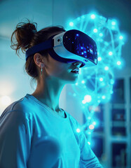 School student woman with VR headset using AI artificial intelligence technology & machine learning in classroom. Innovation & smart tech.