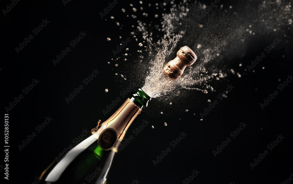 Poster a champagne bottle is being popped, sending a cork flying and creating a spray of bubbles against a 