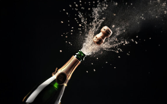 A champagne bottle is being popped, sending a cork flying and creating a spray of bubbles against a dark background. - Powered by Adobe