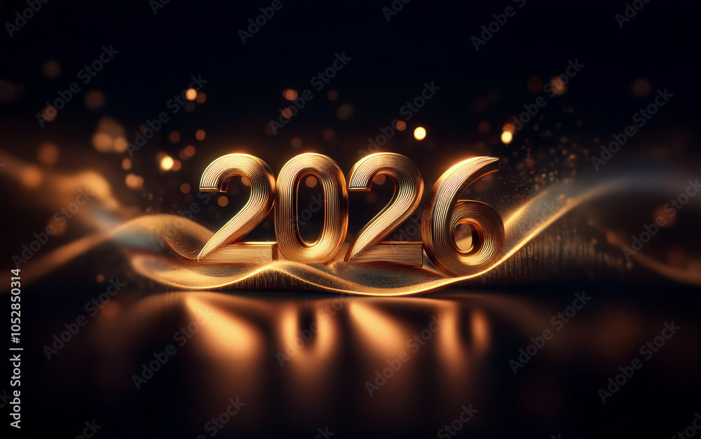 Poster the year 2026 is depicted in shimmering gold numerals on a dark, abstract background.