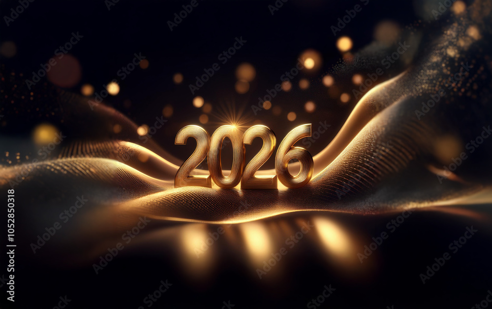 Poster the year 2026 is rendered in gold and sits on a wave of shimmering light against a black background.