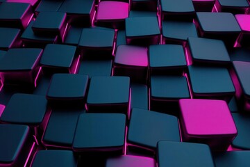 Fototapeta premium A close-up view of textured blocks in dark shades with vibrant pink highlights, creating a modern, futuristic pattern.