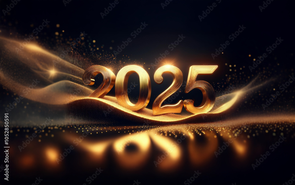 Poster golden 2025 numerals on a wave of shimmering dust, a dark background, suggesting new beginnings and 