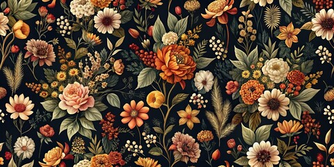 Vintage dark floral seamless pattern of autumn colored flowers, leaves, and plants on black background