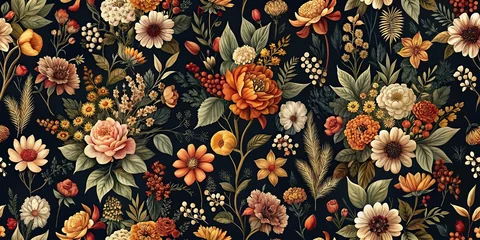 Vintage dark floral seamless pattern of autumn colored flowers, leaves, and plants on black background