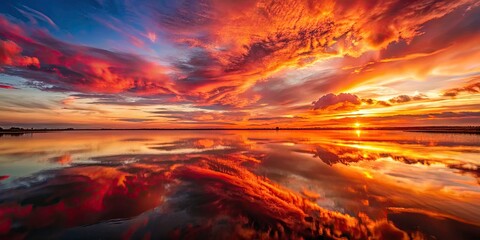 Fototapeta premium Stunning Aerial Photography of Abstract Red Sky Reflection in Water, Vibrant Background for Homepage, Perfect for Website Design and Graphic Projects
