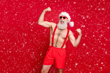 Portrait of his he nice attractive content powerful bearded gray-haired man crossfit trainer instructor bodybuilder showing biceps triceps fit acre isolated over bright vivid shine red background