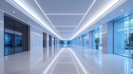 Sleek Modern Office Corridor with Glass Walls and Reflective Flooring Illuminated by Linear LED Lighting