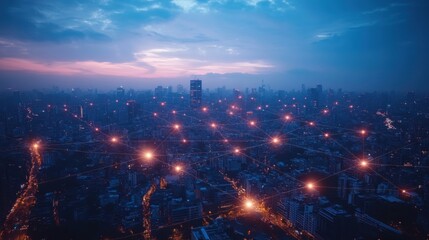 Fototapeta premium Aerial view of a cityscape with connected nodes at dusk.
