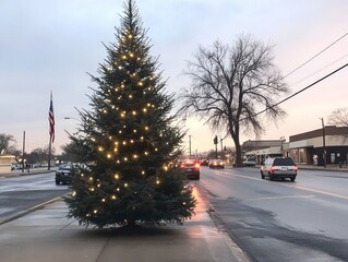 Festive Christmas tree in an American coastal village simple ornaments