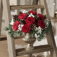 Obraz premium Warm and elegant Christmas floral centerpiece featuring vibrant red roses, pine cones, and evergreen in a golden urn displayed on rustic winter decor.