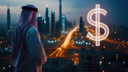 Obraz premium A businessman in traditional Middle Eastern dress looks out over a sprawling modern city, exuding confidence and pride. 