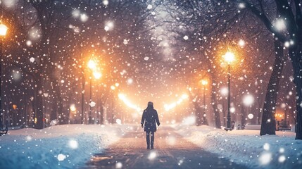 Obraz premium A person walking through a snowy park at dusk, with snowflakes falling around them, reflecting feelings of isolation and melancholy.