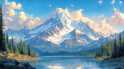 Fototapeta premium A Serene Mountain Lake with Snow-Capped Peaks and a Clear Blue Sky