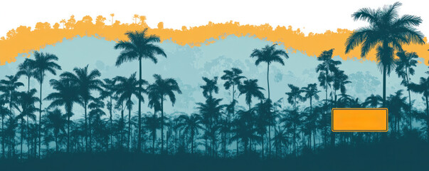 A tropical forest with palm trees and a sign in the foreground. The sign is orange and white