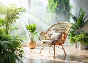Fototapeta premium Stylish Modern Rattan Chair in Cozy Natural Light - Minimalist Interior Design with Double Exposure Photography
